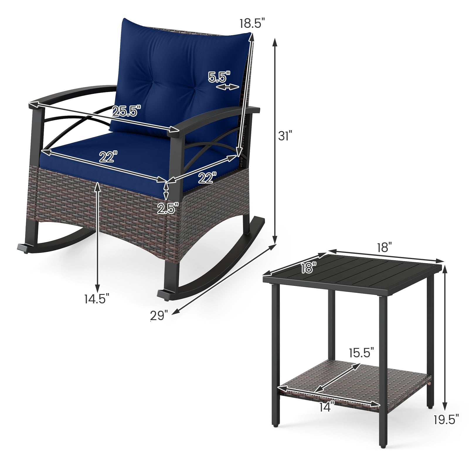 Ensemble bistro à bascule 3 pièces avec fauteuils à bascule en rotin PE et table avec plateau en bois d'acacia - Bleu marine