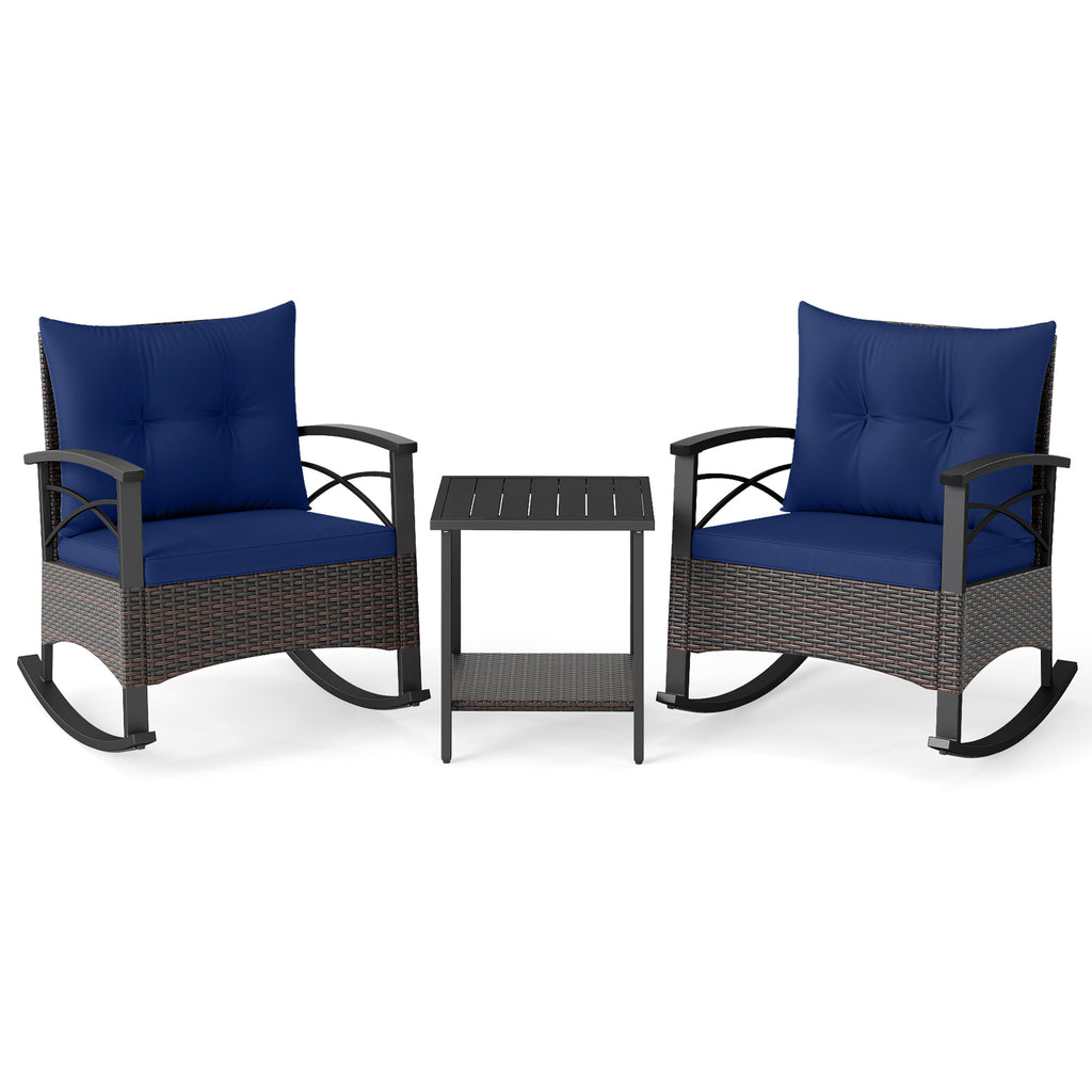 Ensemble bistro à bascule 3 pièces avec fauteuils à bascule en rotin PE et table avec plateau en bois d'acacia - Bleu marine