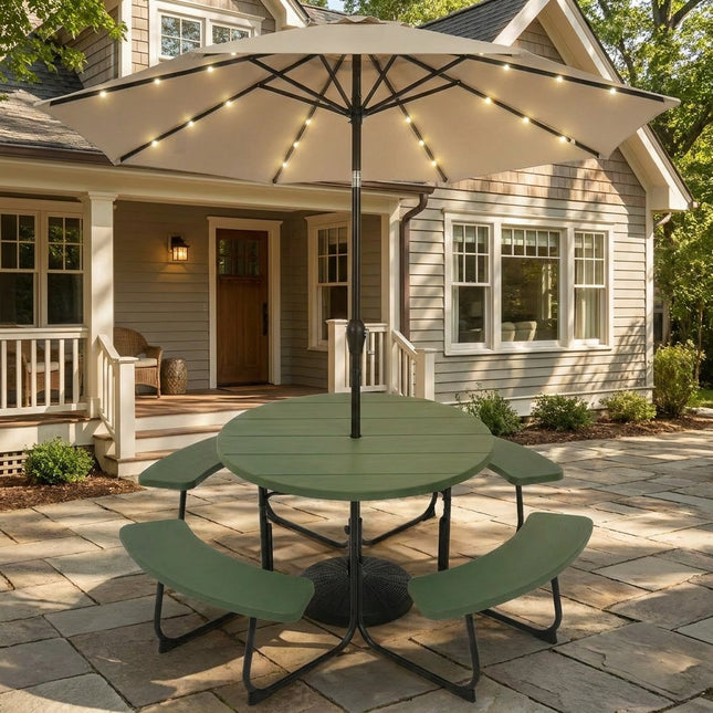 3-Piece Round Picnic Table Set with 10FT Solar LED Tilt Umbrella and Base for Patio Backyard