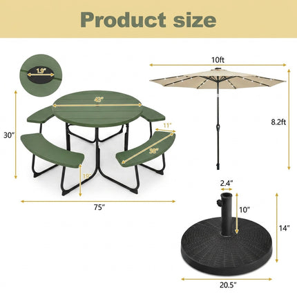 3-Piece Round Picnic Table Set with 10FT Solar LED Tilt Umbrella and Base for Patio Backyard