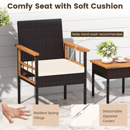 3 Piece Wicker Furniture Set with Acacia Wood Tabletop and Armrest for Balcony-White