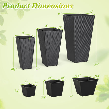 3-Piece Wicker Planters Tapered PP Rattan Plant Boxes with Plastic Flower Pots-Black