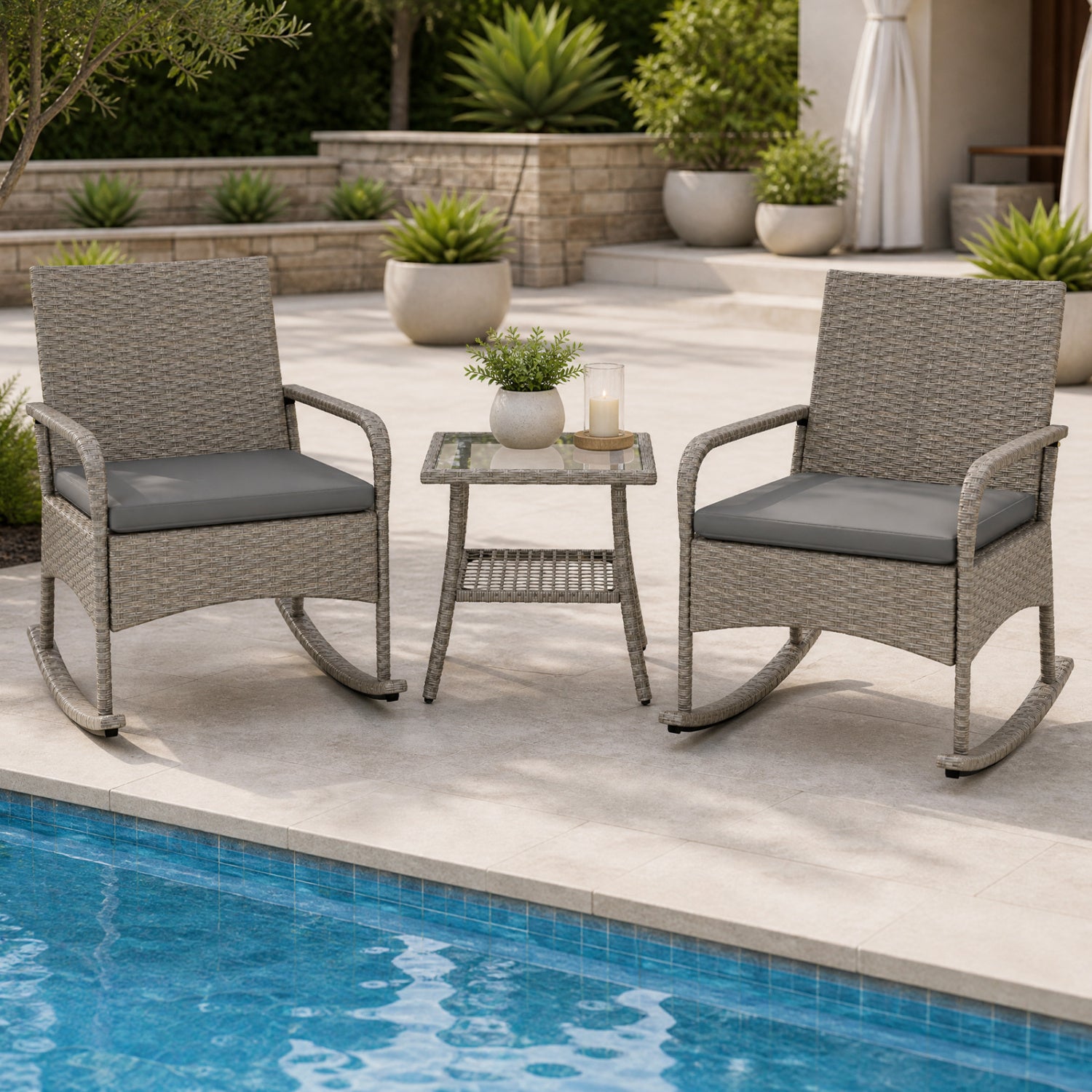 3-Piece Wicker Rocking Bistro Set with Cushions for Garden Backyard Porch-Gray