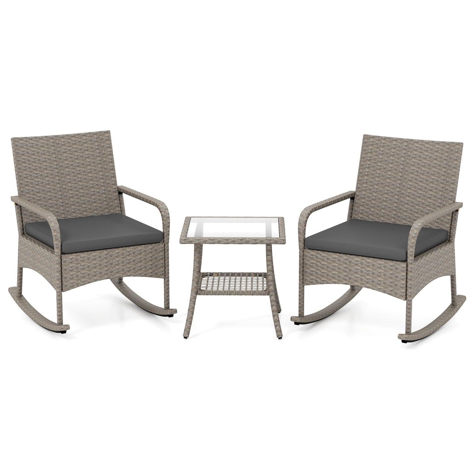 3-Piece Wicker Rocking Bistro Set with Cushions for Garden Backyard Porch-Gray