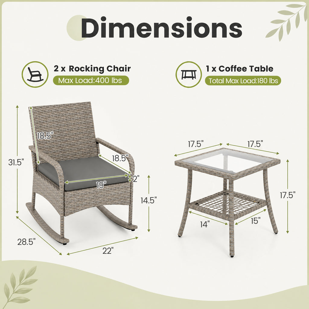 3-Piece Wicker Rocking Bistro Set with Cushions for Garden Backyard Porch-Gray