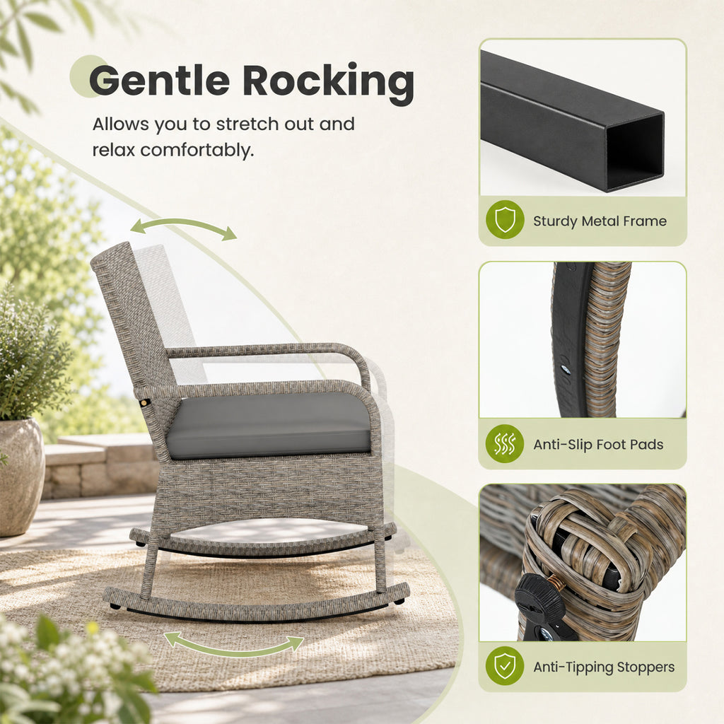 3-Piece Wicker Rocking Bistro Set with Cushions for Garden Backyard Porch-Gray