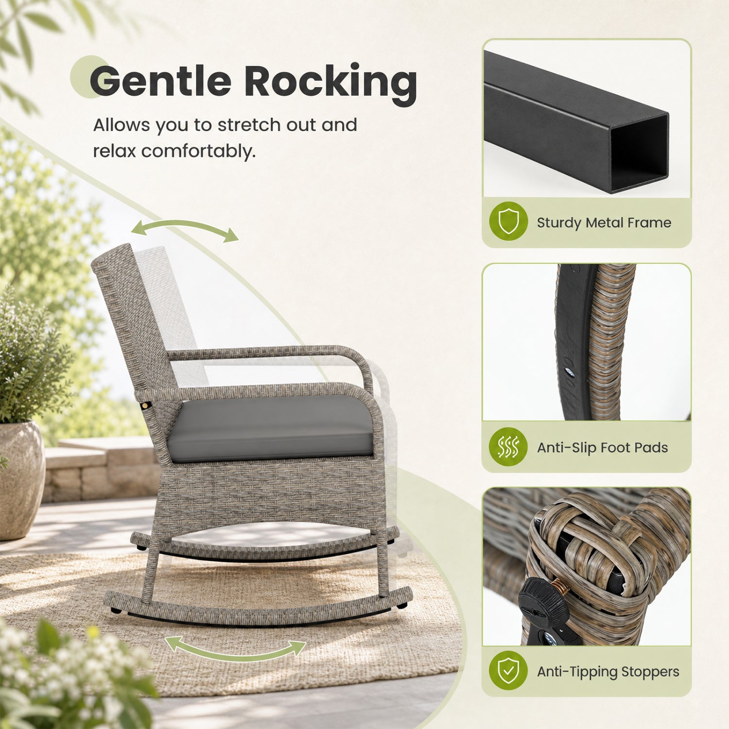 3-Piece Wicker Rocking Bistro Set with Cushions for Garden Backyard Porch-Gray
