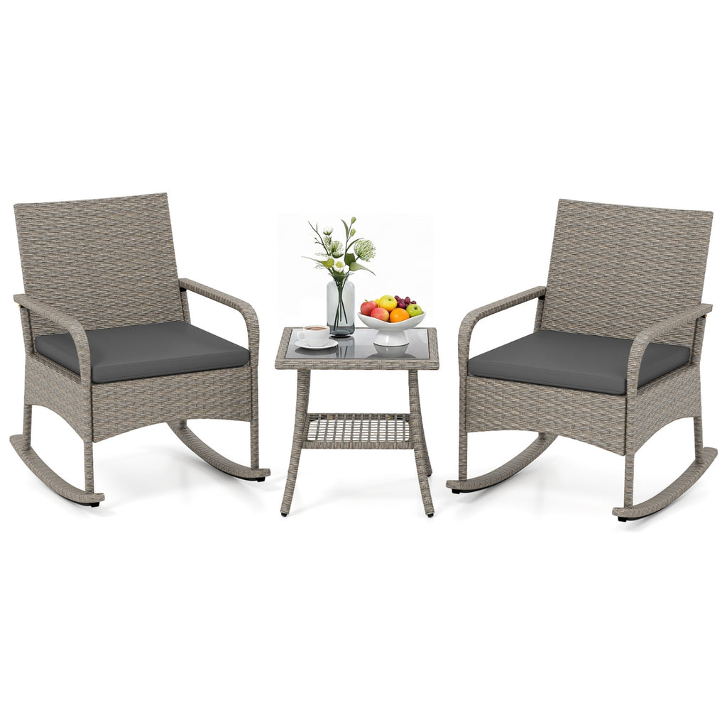 3-Piece Wicker Rocking Bistro Set with Cushions for Garden Backyard Porch-Gray