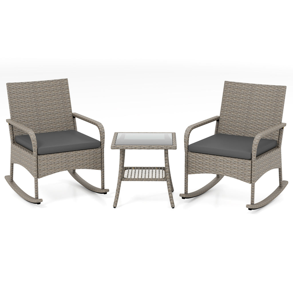 3-Piece Wicker Rocking Bistro Set with Cushions for Garden Backyard Porch-Gray