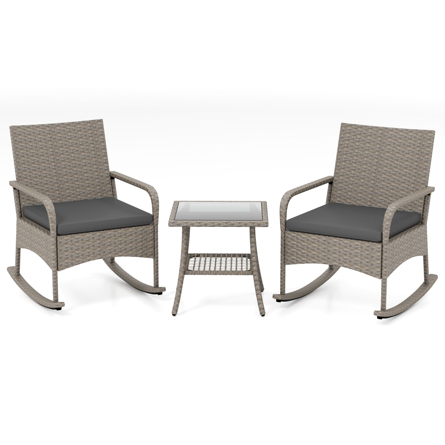 3-Piece Wicker Rocking Bistro Set with Cushions for Garden Backyard Porch-Gray