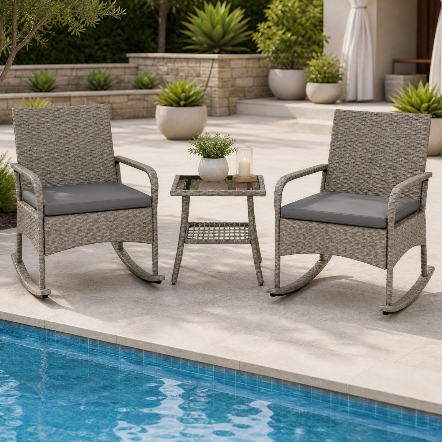 3-Piece Wicker Rocking Bistro Set with Cushions for Garden Backyard Porch-Gray
