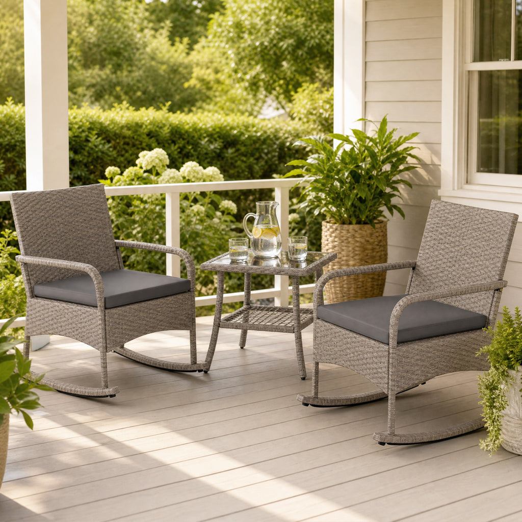 3-Piece Wicker Rocking Bistro Set with Cushions for Garden Backyard Porch-Gray