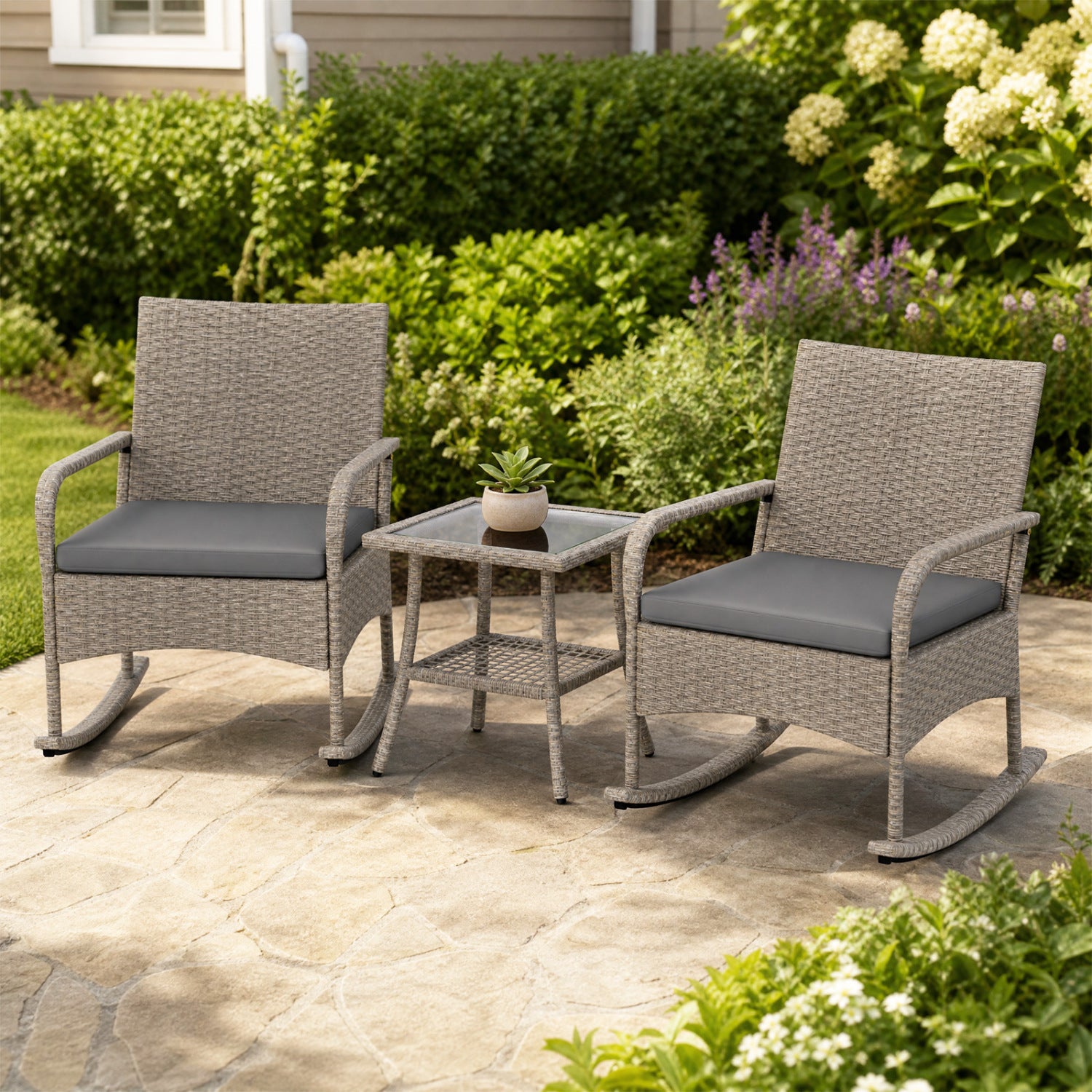 3-Piece Wicker Rocking Bistro Set with Cushions for Garden Backyard Porch-Gray