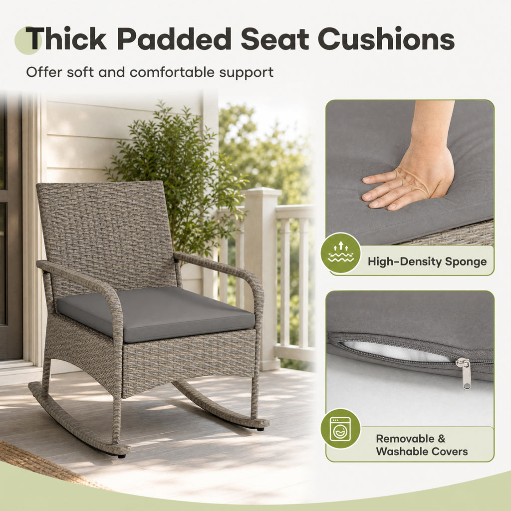 3-Piece Wicker Rocking Bistro Set with Cushions for Garden Backyard Porch-Gray