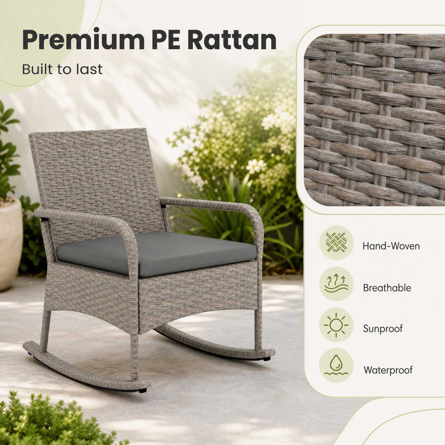 3-Piece Wicker Rocking Bistro Set with Cushions for Garden Backyard Porch-Gray