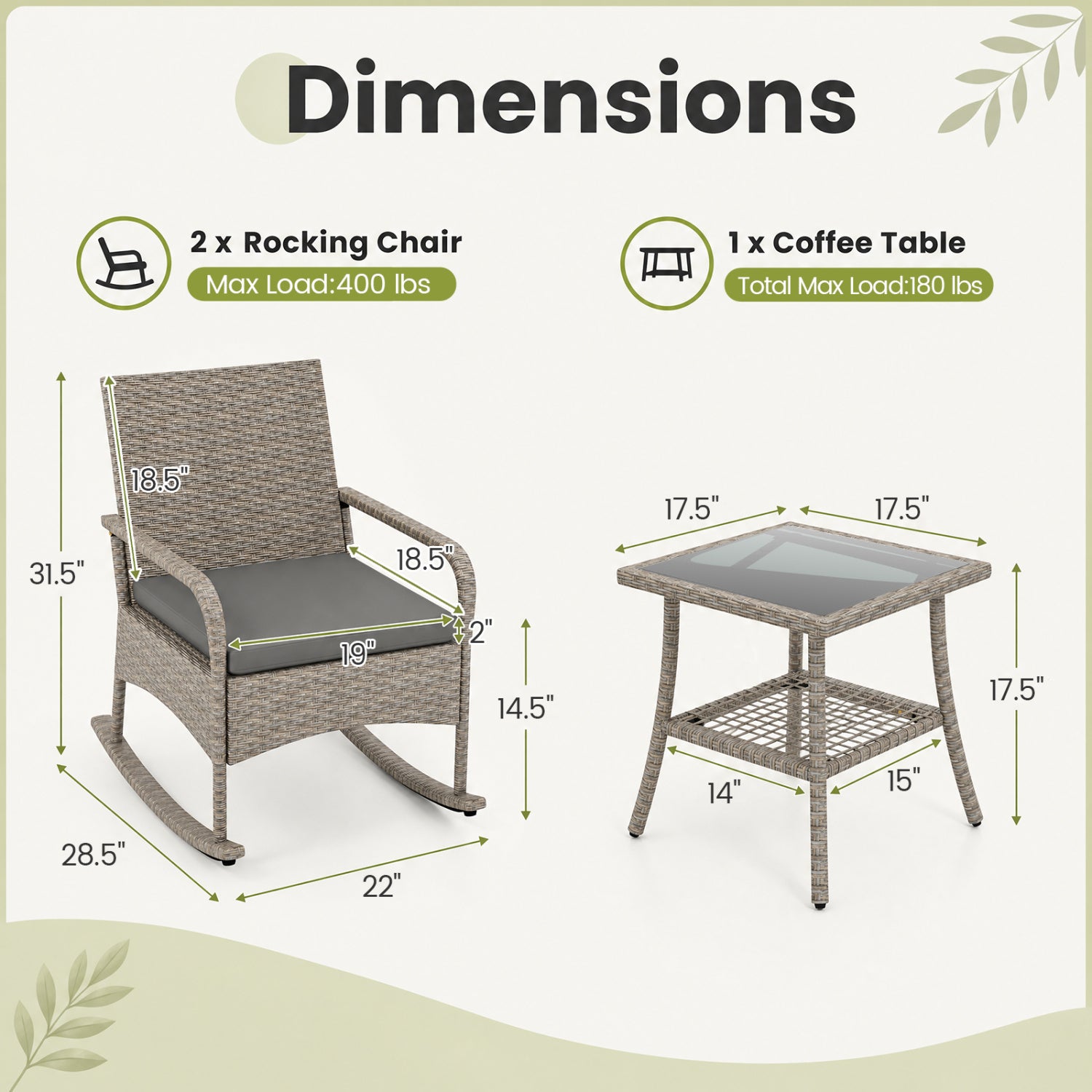 3-Piece Wicker Rocking Bistro Set with Cushions for Garden Backyard Porch-Gray