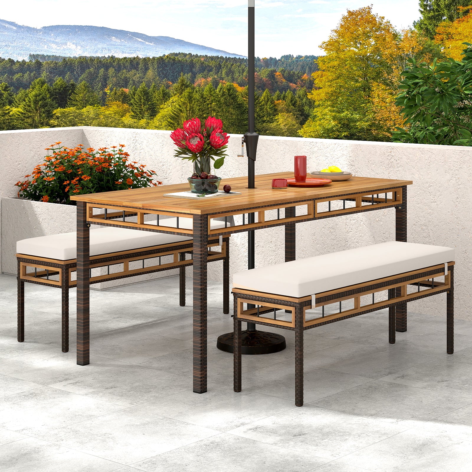 Ensemble de salle à manger de patio 3 pièces en bois d'acacia pour terrasse et jardin
