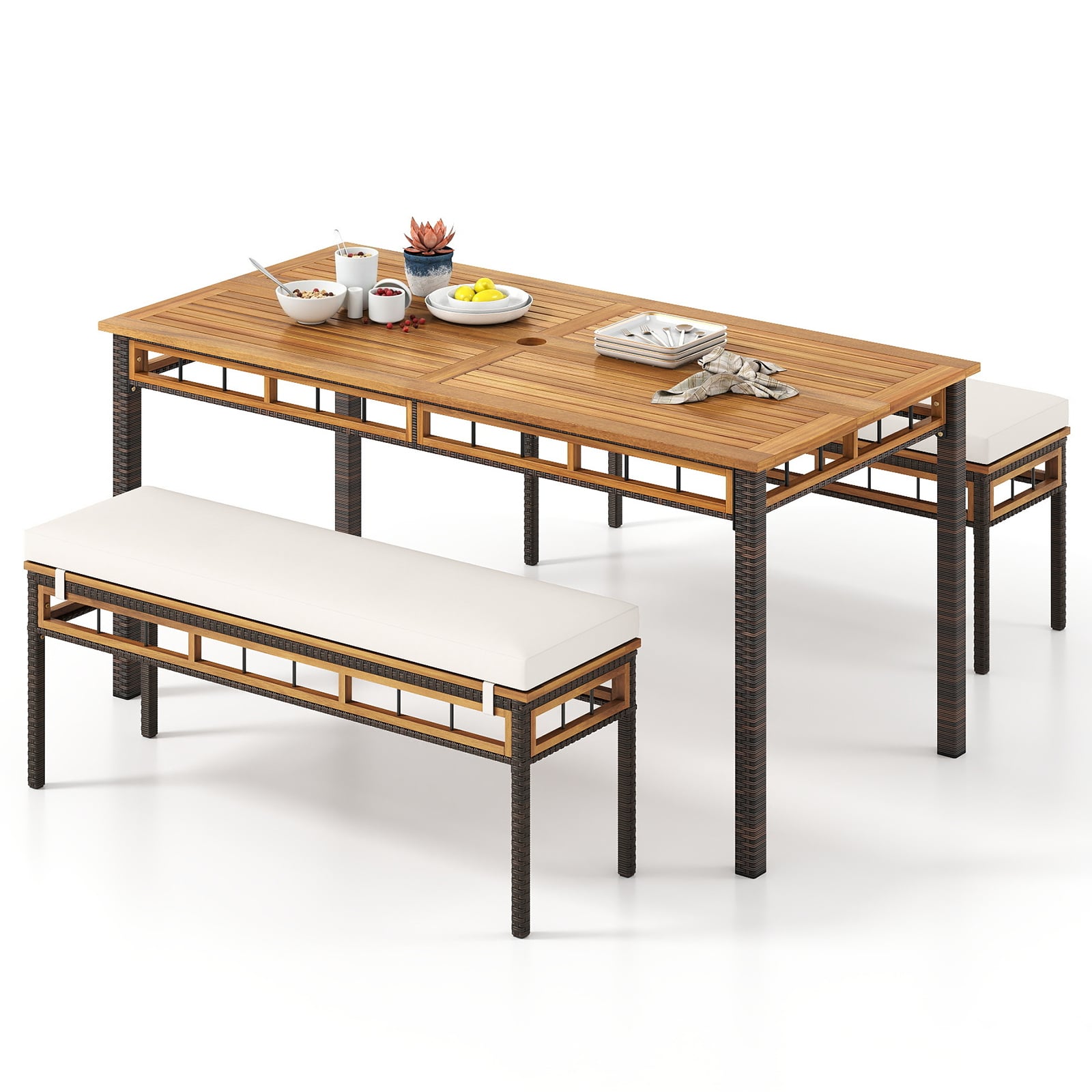 Ensemble de salle à manger de patio 3 pièces en bois d'acacia pour terrasse et jardin