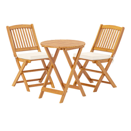 3 Pieces Acacia Wood Patio Folding Bistro Set with Soft Cushions-Beige