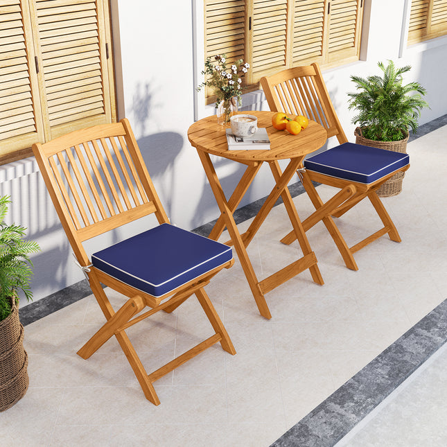 3 Pieces Acacia Wood Patio Folding Bistro Set with Soft Cushions-Navy