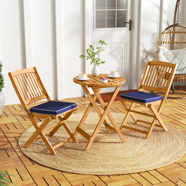 3 Pieces Acacia Wood Patio Folding Bistro Set with Soft Cushions-Navy