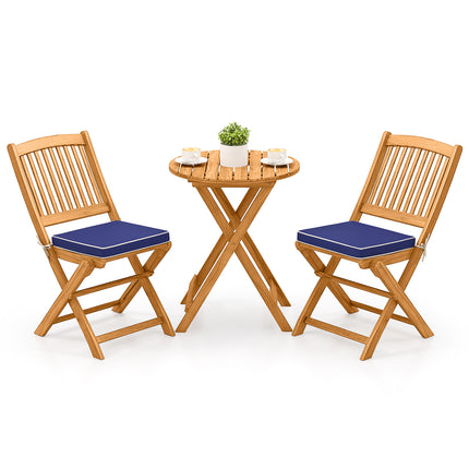 3 Pieces Acacia Wood Patio Folding Bistro Set with Soft Cushions-Navy