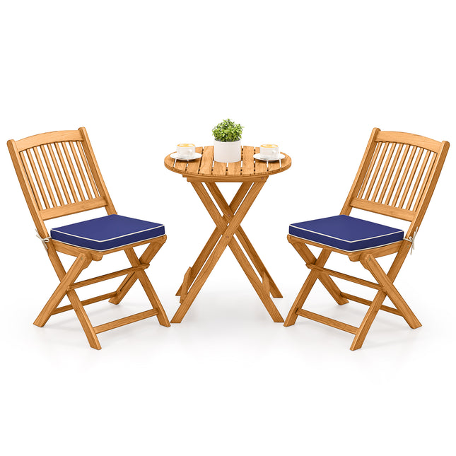 3 Pieces Acacia Wood Patio Folding Bistro Set with Soft CushionsNavy