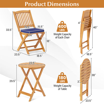 3 Pieces Acacia Wood Patio Folding Bistro Set with Soft Cushions-Navy
