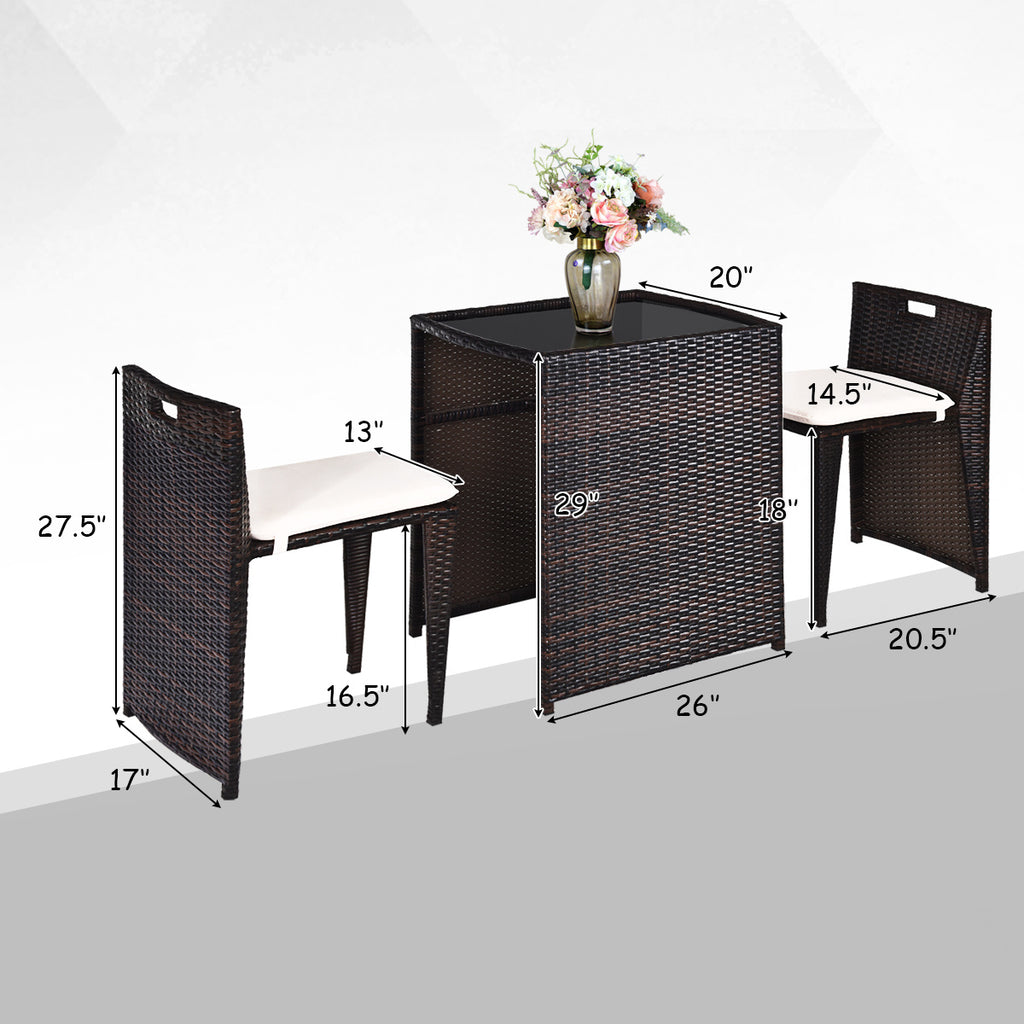 3 Pieces Cushioned Wicker Patio Bistro Set with No Assembly Needed