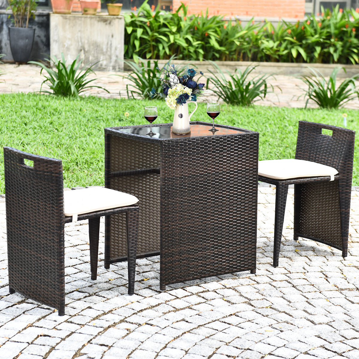 3 Pieces Cushioned Wicker Patio Bistro Set with No Assembly Needed