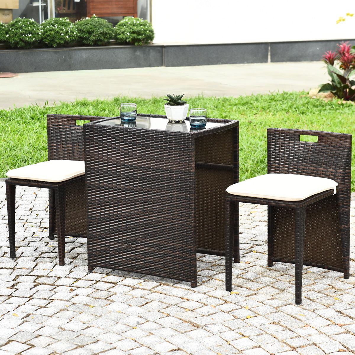3 Pieces Cushioned Wicker Patio Bistro Set with No Assembly Needed