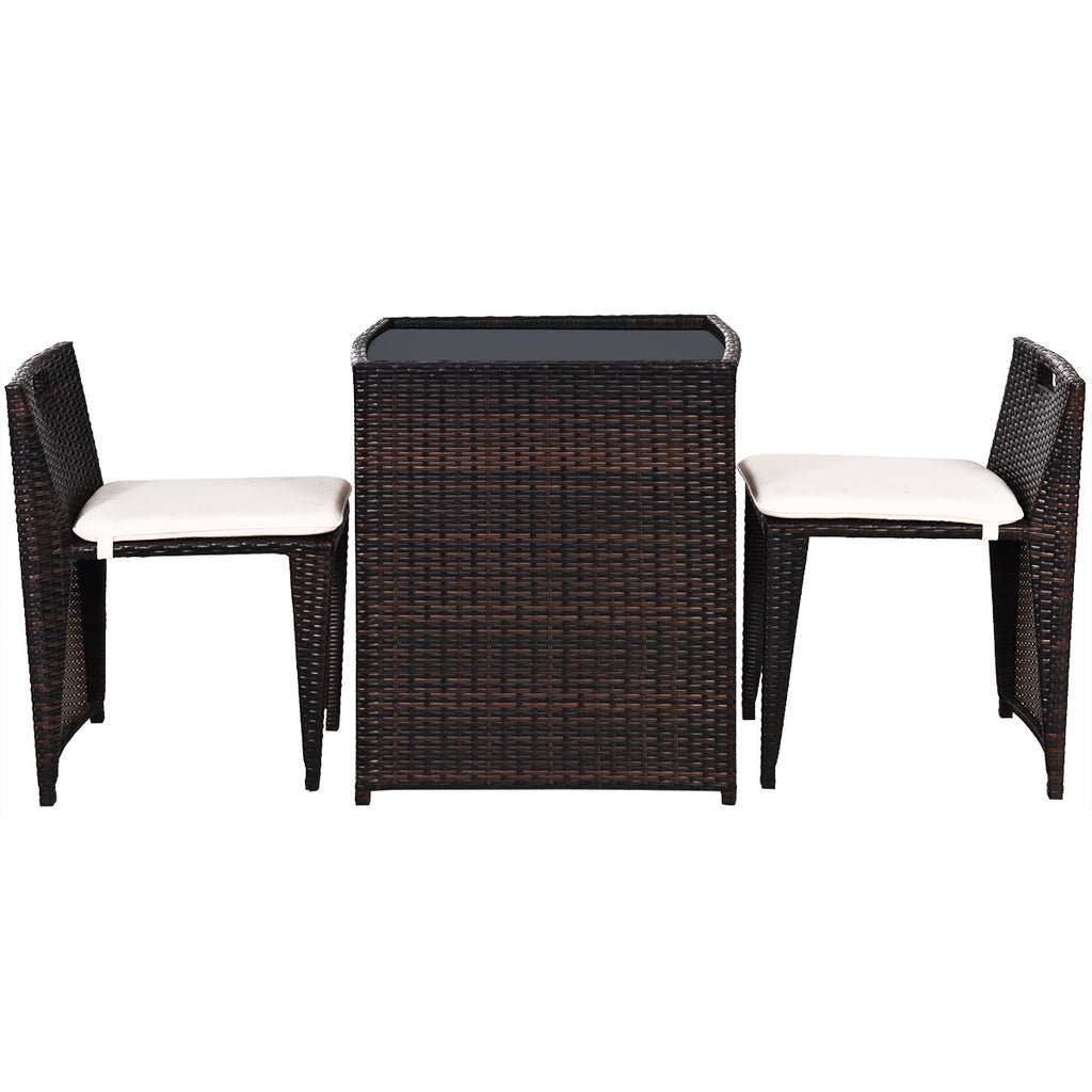 3 Pieces Cushioned Wicker Patio Bistro Set with No Assembly Needed