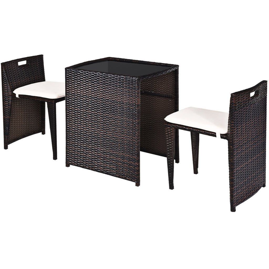 3 Pieces Cushioned Wicker Patio Bistro Set with No Assembly Needed