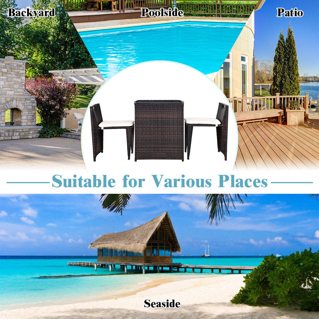 3 Pieces Cushioned Wicker Patio Bistro Set with No Assembly Needed