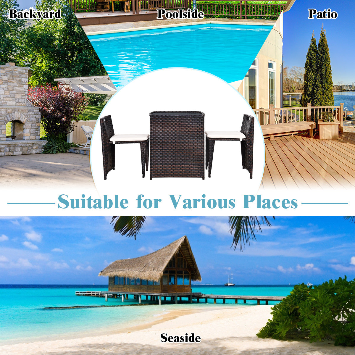 3 Pieces Cushioned Wicker Patio Bistro Set with No Assembly Needed