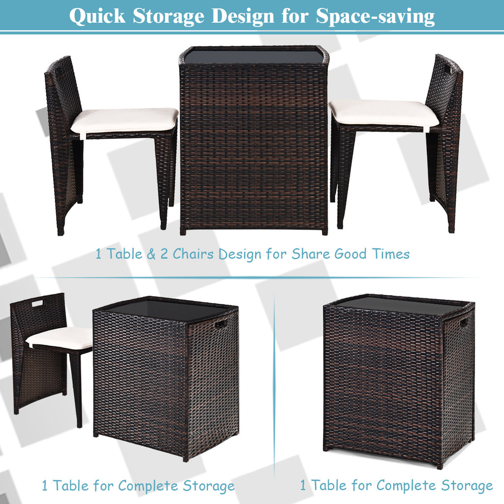 3 Pieces Cushioned Wicker Patio Bistro Set with No Assembly Needed