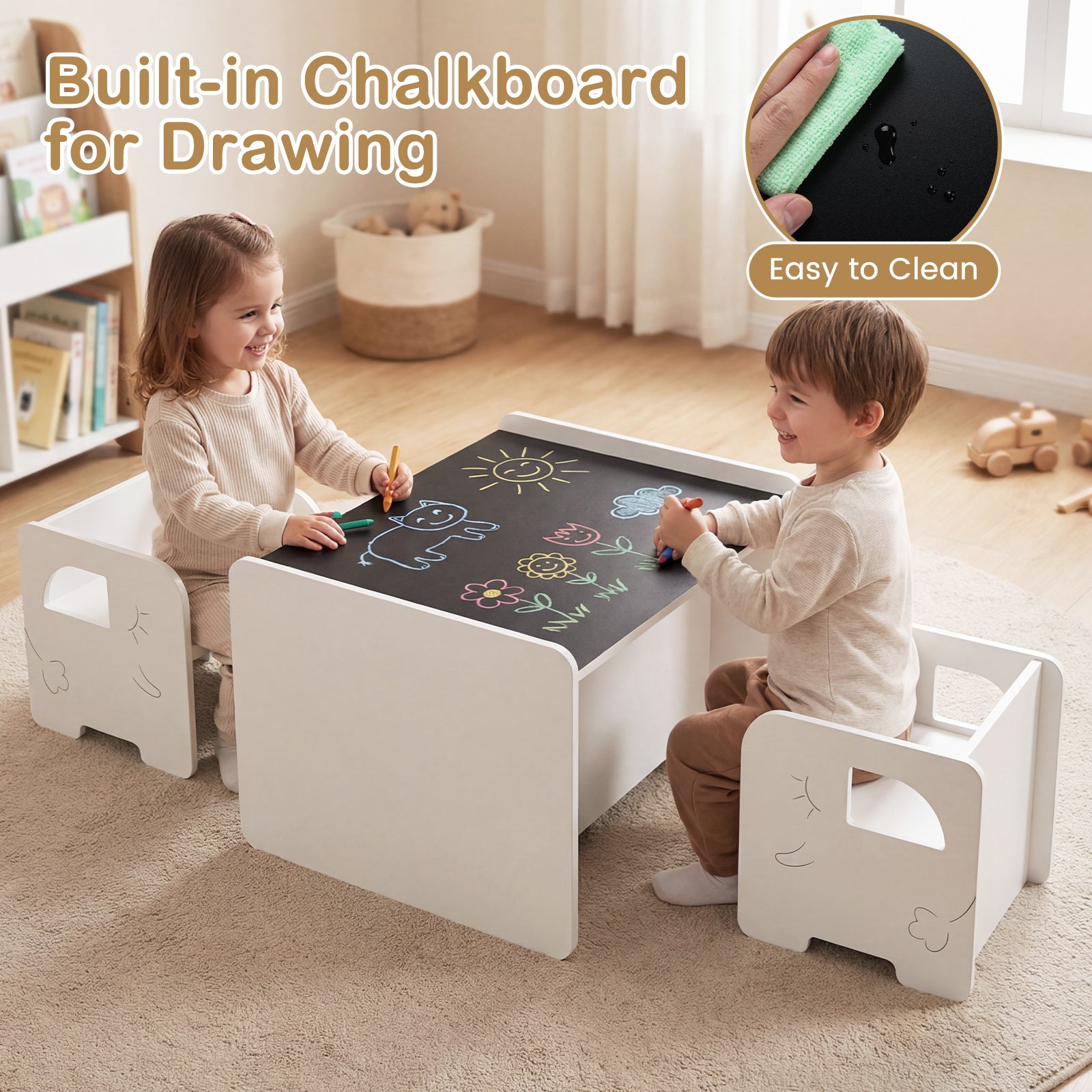 3 Pieces Kids Table and Chair Set with Space-saving Toddler Table and 2 Chairs-White