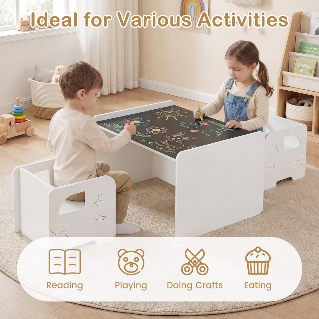 3 Pieces Kids Table and Chair Set with Space-saving Toddler Table and 2 Chairs-White
