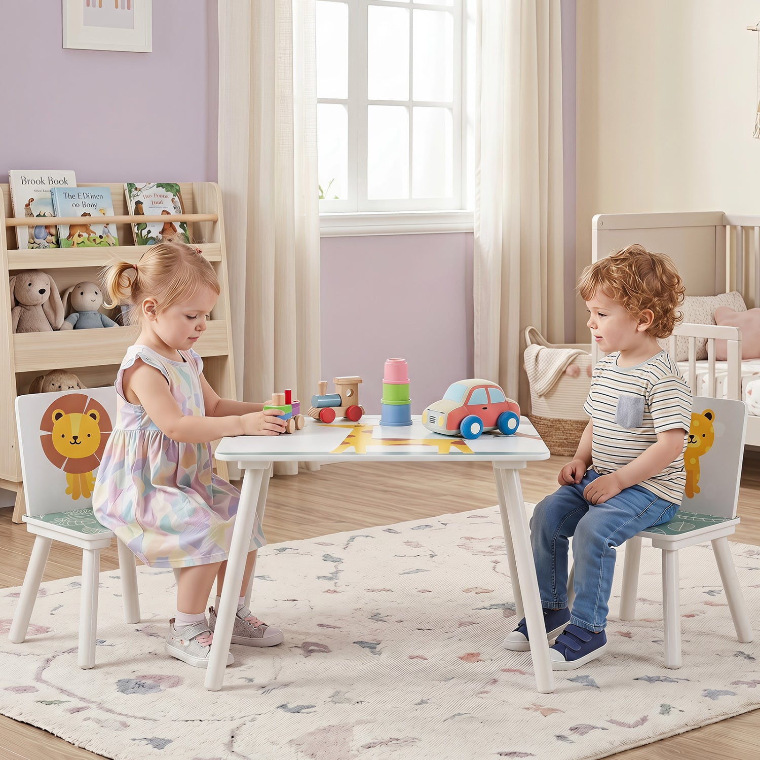 3 Pieces Kids Table and Chairs Set with Animal Patterns for Aged 3-6 Years Old