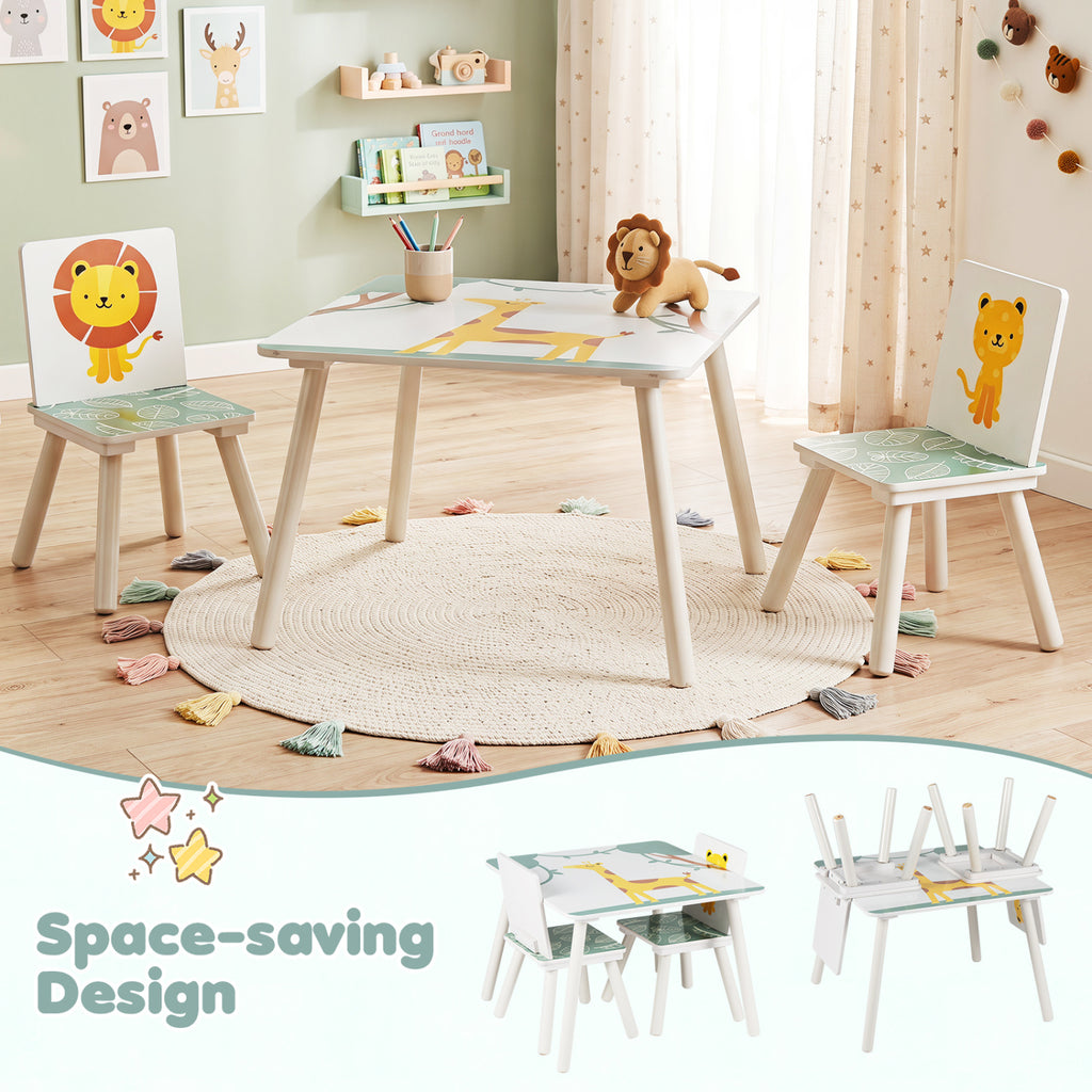 3 Pieces Kids Table and Chairs Set with Animal Patterns for Aged 3-6 Years Old