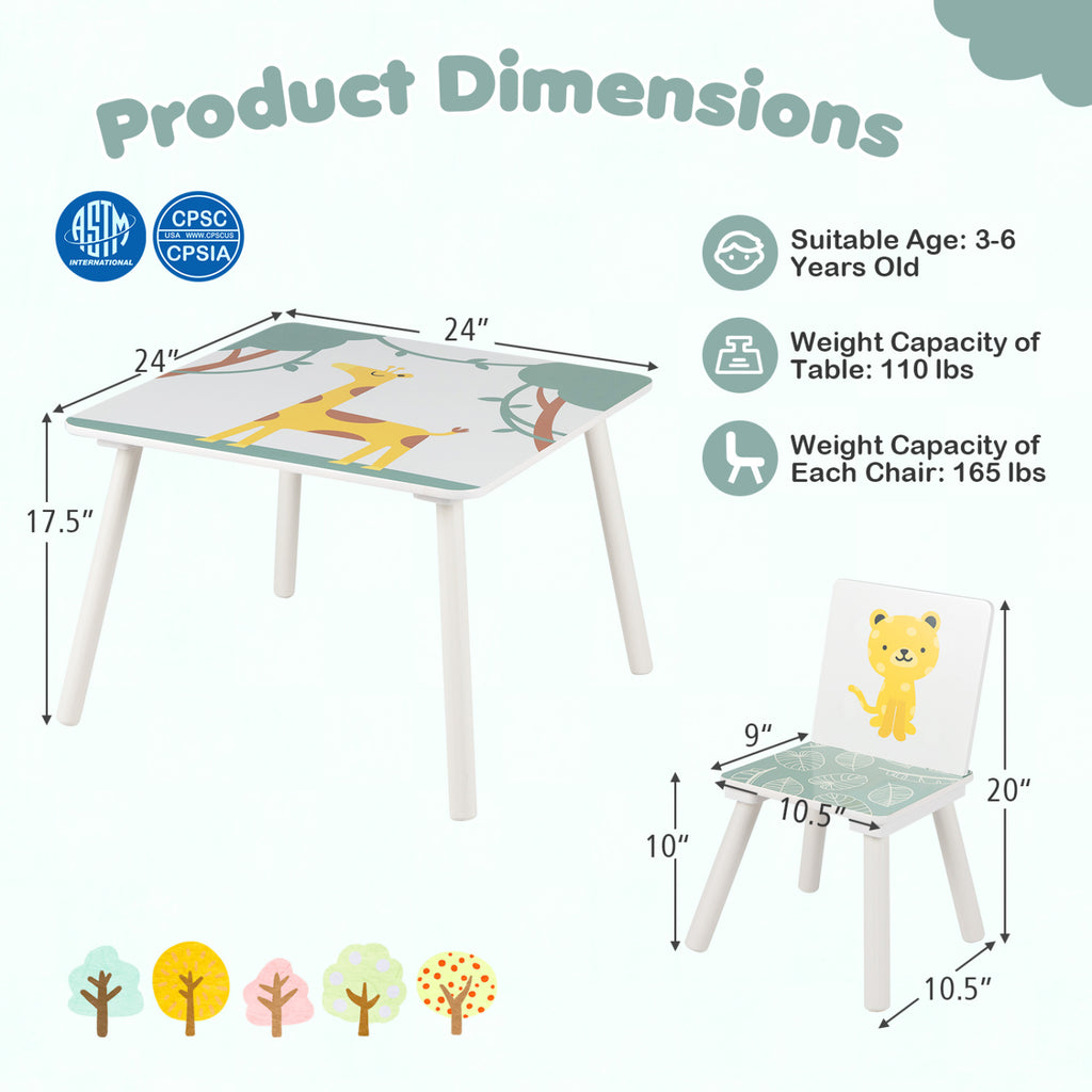 3 Pieces Kids Table and Chairs Set with Animal Patterns for Aged 3-6 Years Old