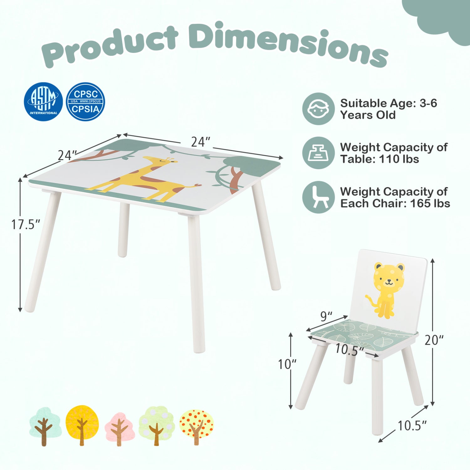 3 Pieces Kids Table and Chairs Set with Animal Patterns for Aged 3-6 Years Old