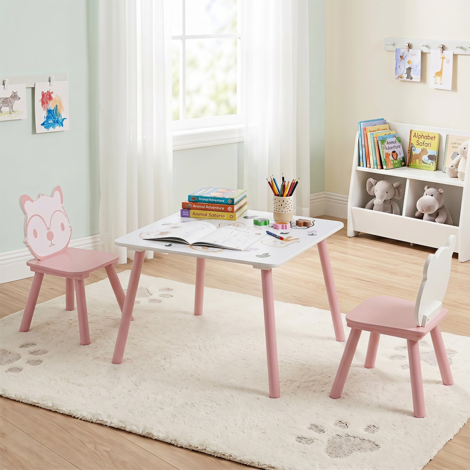 3 Pieces Kids Table and Chairs Set with Animal Patterns for Kids
