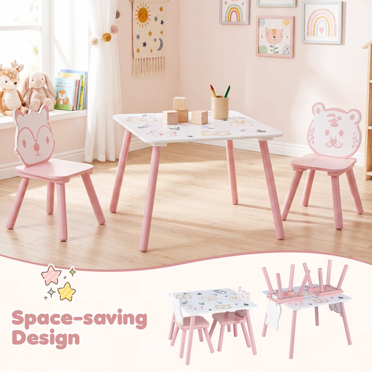3 Pieces Kids Table and Chairs Set with Animal Patterns for Kids