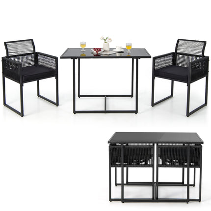3 Pieces Outdoor Dining Set with Folding Backrest and Seat Cushion-Black