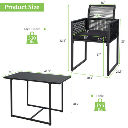 3 Pieces Outdoor Dining Set with Folding Backrest and Seat Cushion-Black