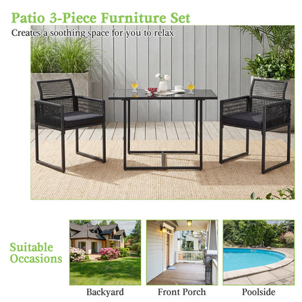 3 Pieces Outdoor Dining Set with Folding Backrest and Seat Cushion-Black