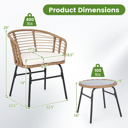 3 Pieces Outdoor Patio Furniture Set with Soft Cushions-White