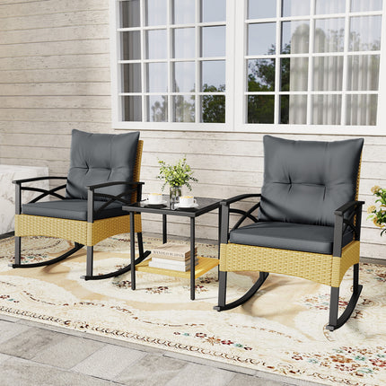 3 Pieces Outdoor Rattan Rocking Chairs Set with  2-Tier Side Table for Garden Backyard-Gray