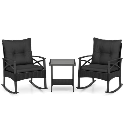 3 Pieces Outdoor Rattan Rocking Chairs Set with  2-Tier Side Table for Garden Backyard-Black